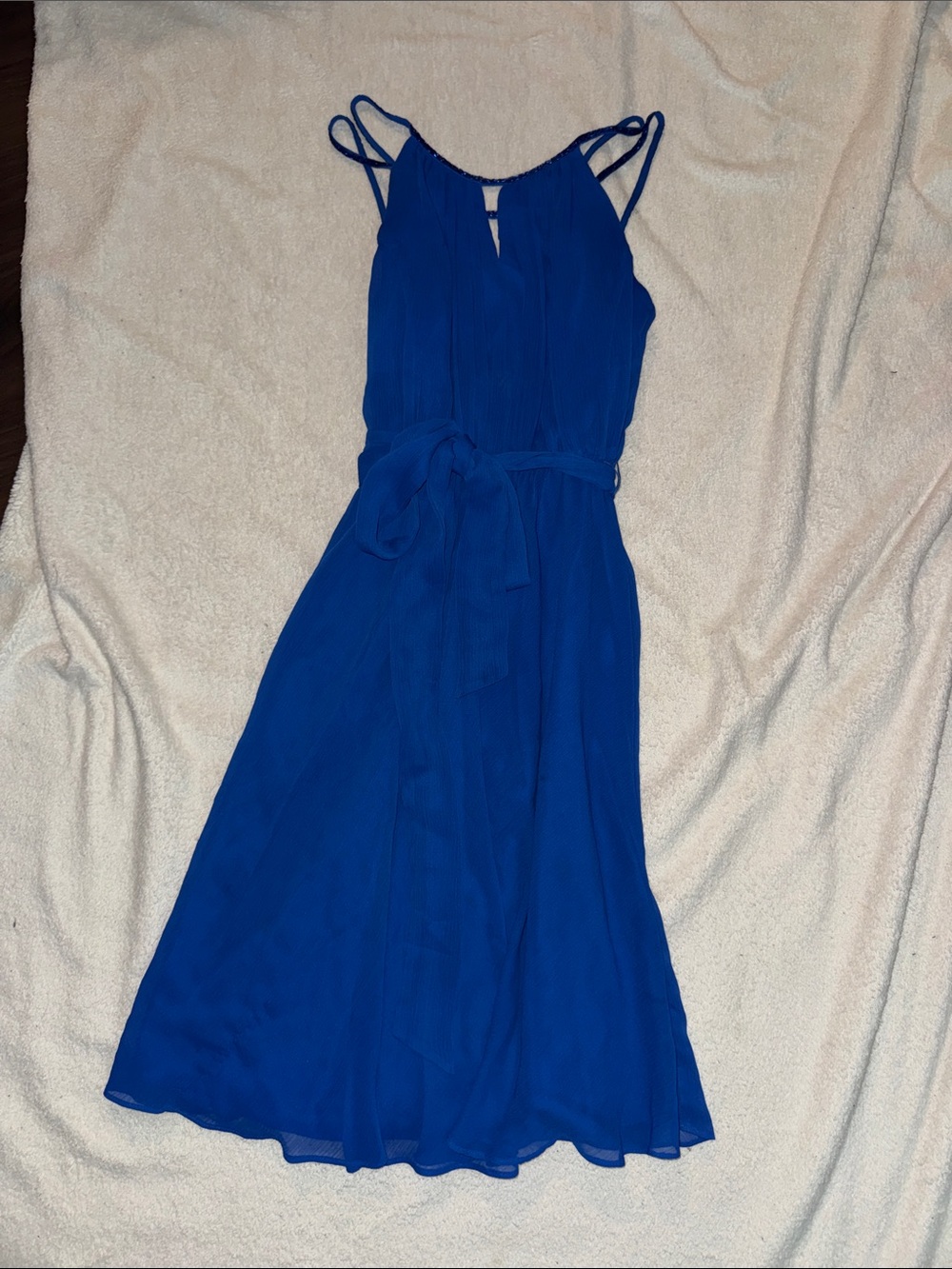 David's Bridal Cobalt Blue Double-Strap Midi Dress with Waist Tie